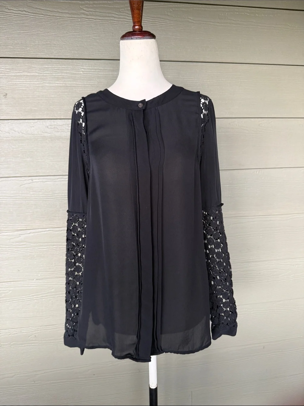 J. Crew Black Long-Sleeve Silk Button Down Blouse with Crochet Sleeves